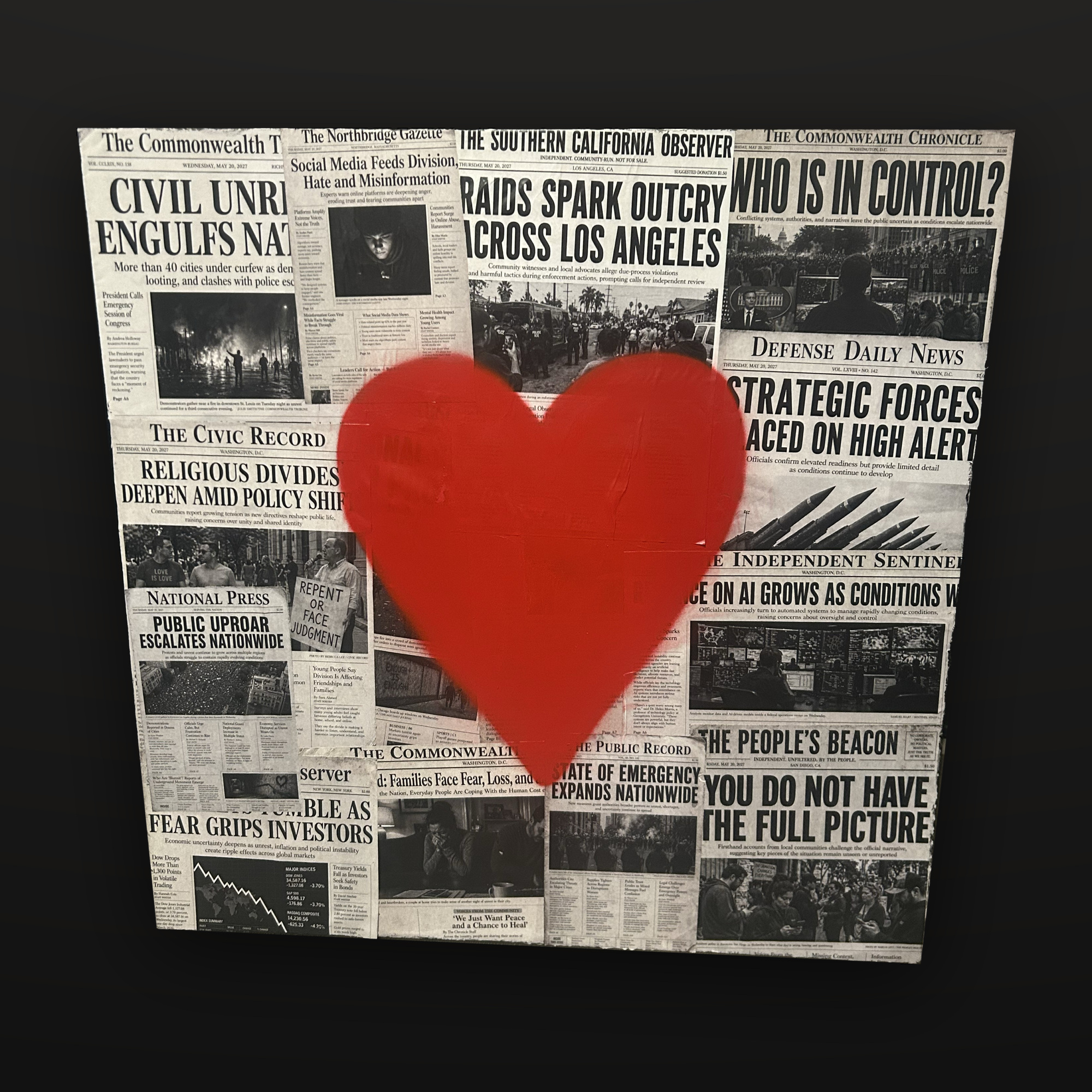 Newspaper collage with a red heart painted across the centre